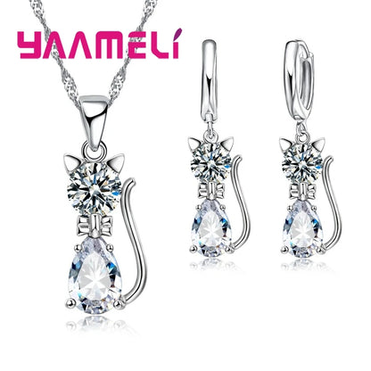 Elegant 925 Sterling Silver Cat Pendant Necklace and Earrings Set with Austrian Crystals for Women