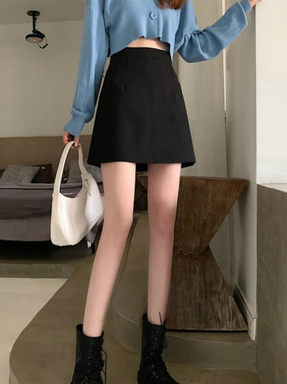 Black Mid Calf A Line High Waist Korean Skirt Women