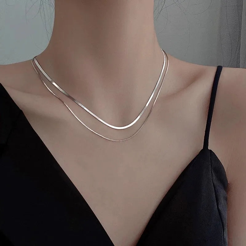 S925 Silver Double Layer Snake Chain Necklace Unique Hip Hop Clavicle Jewelry for Women
