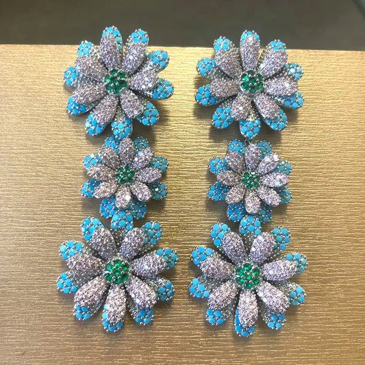 Bilincolor Luxury Blue Flower Drop Earrings for Women - Elegant Wedding Jewelry Gift