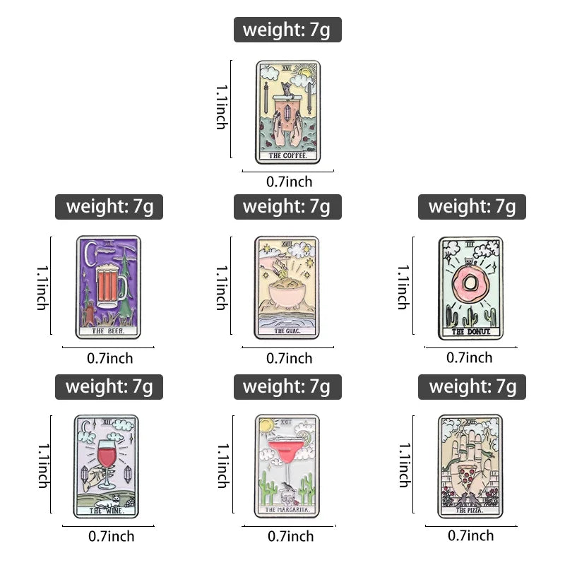 Custom Tarot Enamel Pins Set Featuring Beer Donut Wine Coffee Pizza Brooches for Unique Punk Gothic Jewelry Gifts