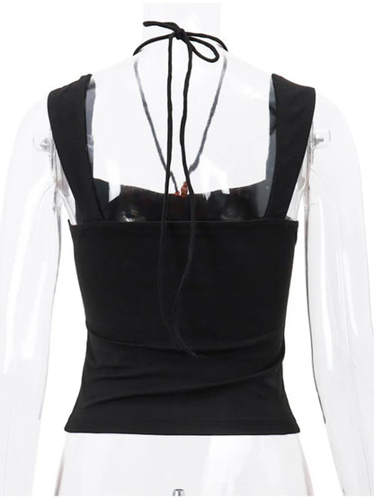 Vintage Black Square-neck Halter Tank Top Sexy Slim Pleated Backless Summer Crop Tops 2024 Women Sleeveless Bodycon Vest