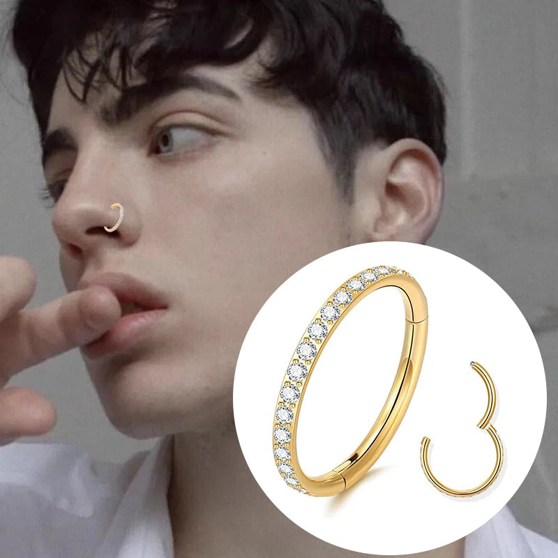 Stainless Steel CZ Septum Clicker 16G Hinged Nose Ring for Tragus Helix Daith Piercings
