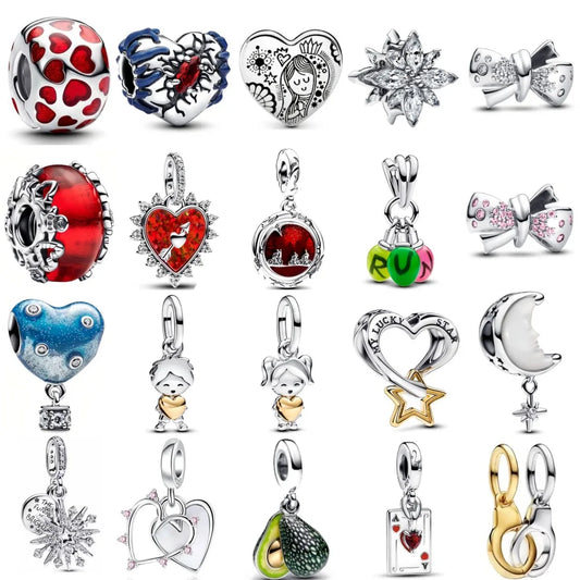 Exquisite 925 Silver Heart-Shaped Pendant with Bow and Moon Beads for DIY European Bracelets