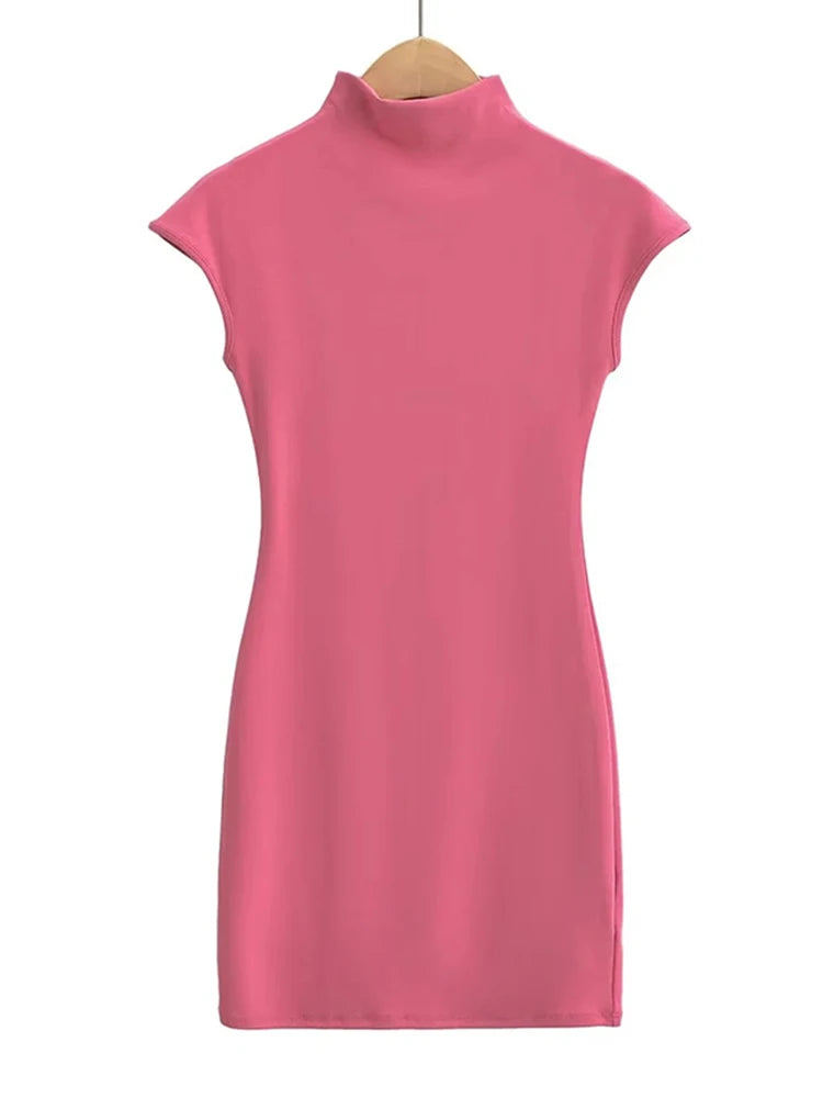 Knit Mini Dress for Women Short Sleeve Pink Bodycon Vintage