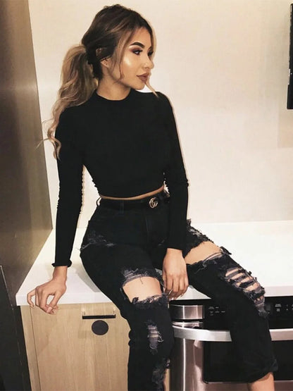 Korean Long Sleeve Crop Turtleneck Top Slim Black Sexy