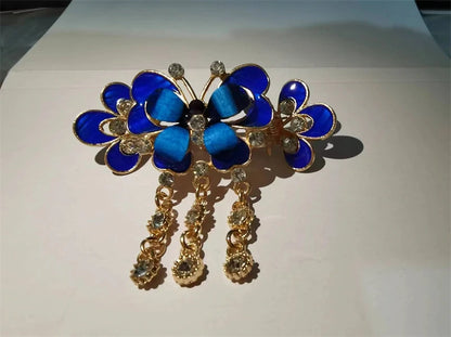 Elegant Red Crystal Flower Bow Hairpin With Vintage Blue Rhinestones