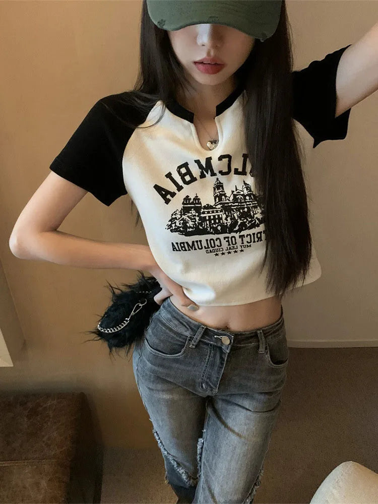Dozw Vintage Printed Crop Top Women Y2K Aesthetic Tee
