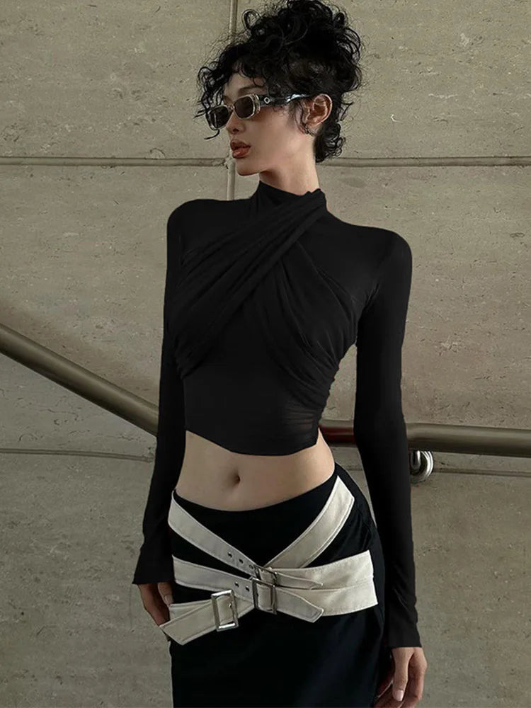 2024 Red Mesh Turtleneck Crop Top Long Sleeve Sexy Club