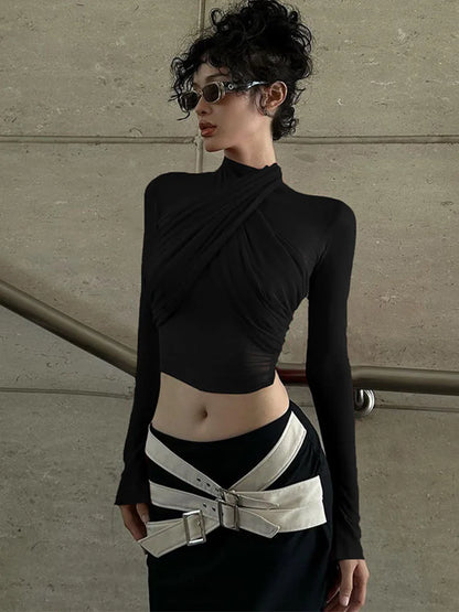 2024 Red Mesh Turtleneck Crop Top Long Sleeve Sexy Club