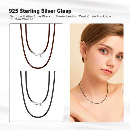 Rinntin 2mm Brown Leather Cord Necklace with 925 Sterling Silver Clasp Trendy Jewelry for Men and Women