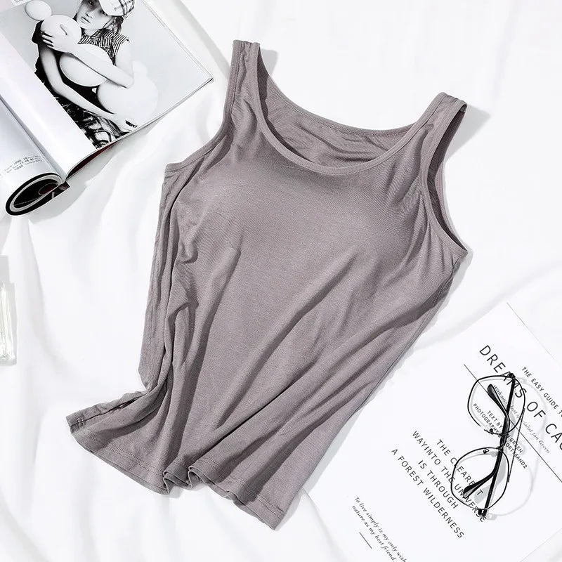 2023 Women’s Slim Fit Vest Tops with Built-In Bra Padded Neck Tank Casual Solid Color Shirts
