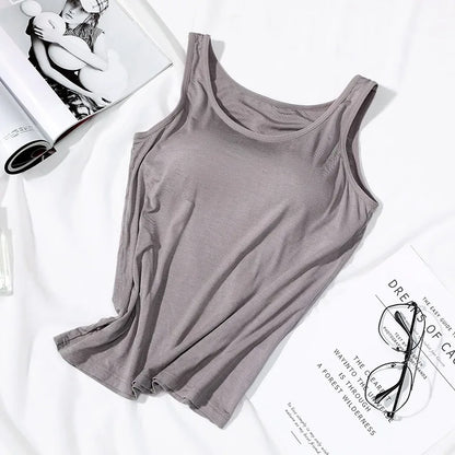 2023 Women’s Slim Fit Vest Tops with Built-In Bra Padded Neck Tank Casual Solid Color Shirts