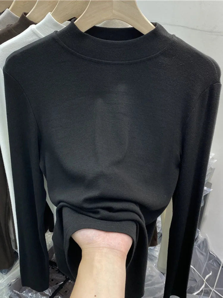 White Cotton Slim Fit Long Sleeve Half Turtleneck Women