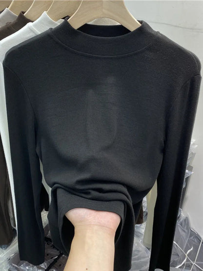 White Cotton Slim Fit Long Sleeve Half Turtleneck Women