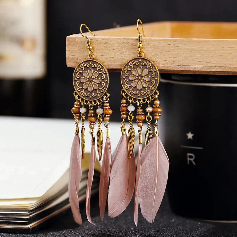 Bohemian Long Feather Drop Earrings with Tassel Beads and Enamel Flowers for Women