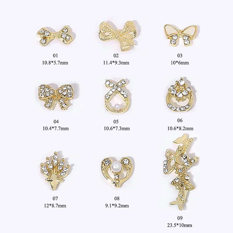Elegant Gold Silver Metal Bowknot Nail Charm 3D Rhinestone Decor for DIY Manicure Art
