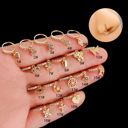 316L Surgical Stainless Steel Heart Crown Flower Butterfly Dangle CZ Nose Studs for Stylish Nose Piercing Jewelry
