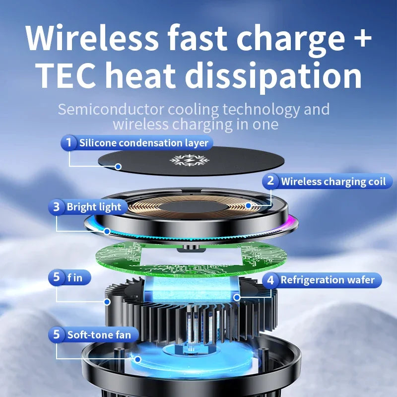 15W Ice Cooling Magnetic Wireless Car Charger for iPhone 16 15 14 13 12 Pro Max MagSafe Fast Charging Station