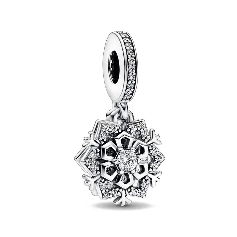 Sterling Silver 925 Skiing Penguin Charm with Geometric Snowflake Beads for Bracelets and Necklaces DIY Jewelry Gift