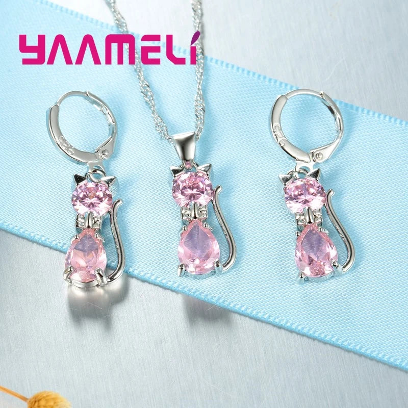 Elegant 925 Sterling Silver Cat Pendant Necklace and Earrings Set with Austrian Crystals for Women