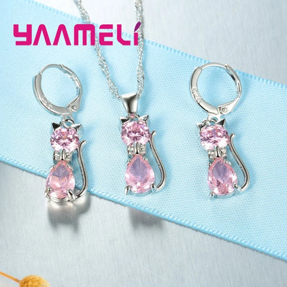 Elegant 925 Sterling Silver Cat Pendant Necklace and Earrings Set with Austrian Crystals for Women