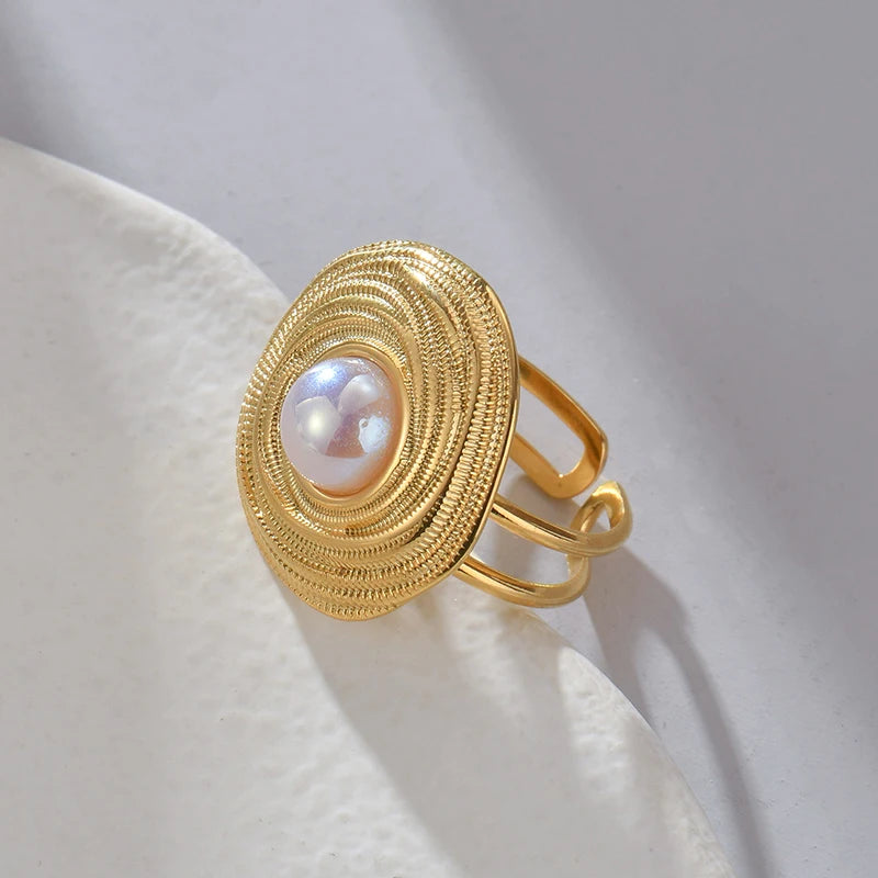 Letdiffery Vintage Golden Pearl Pendant Jewelry Set with Stainless Steel Geometric Round Earrings Necklace and Ring for Women