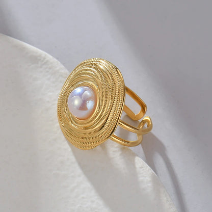 Letdiffery Vintage Golden Pearl Pendant Jewelry Set with Stainless Steel Geometric Round Earrings Necklace and Ring for Women