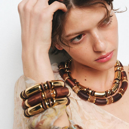 Vintage Brown Wood Multi Layer Necklace And Bracelet Set For Women Gold Plated Fashion Jewelry Gift For Parties