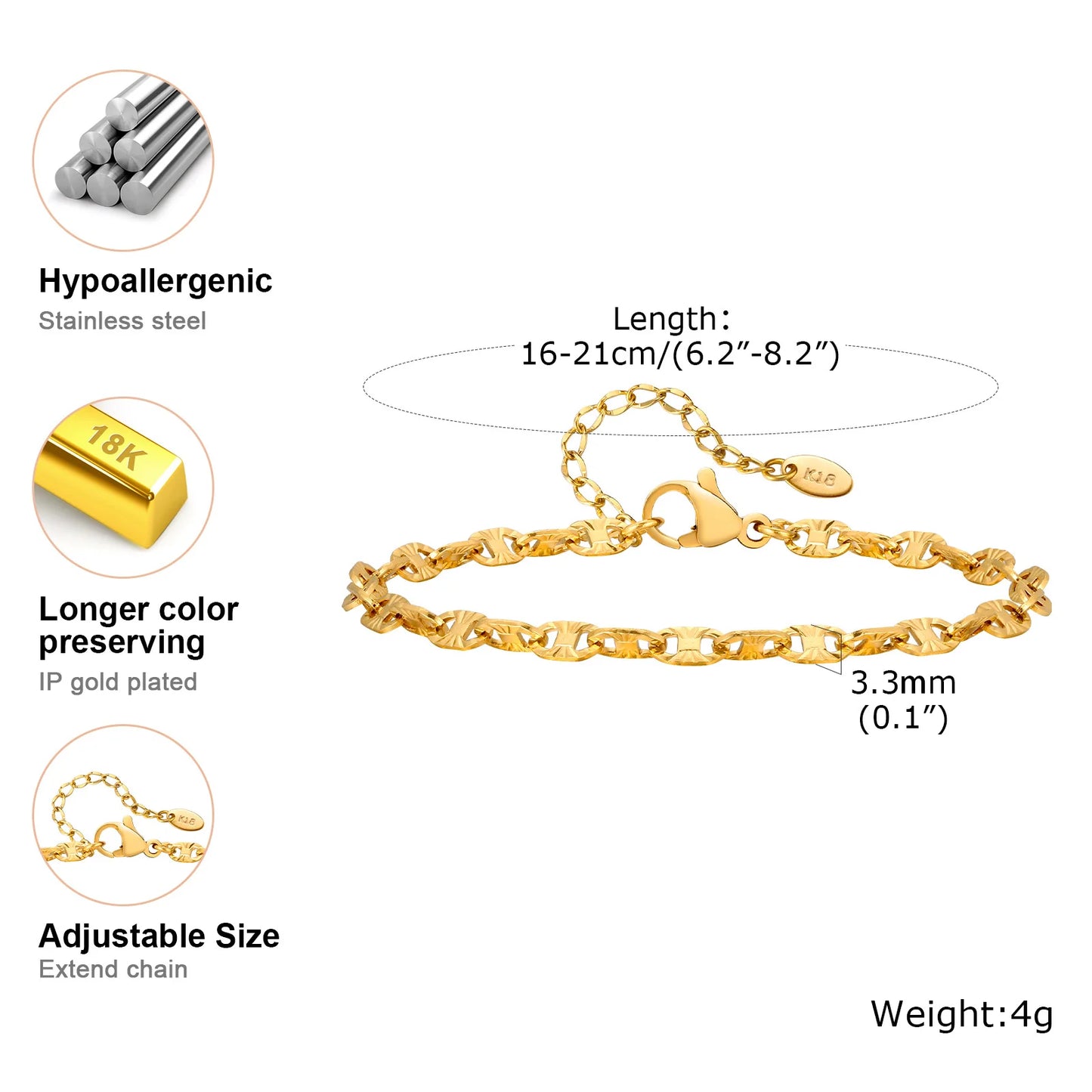 Elegant Gold Plated Link Bracelet for Women - Adjustable Stainless Steel Waterproof Jewelry