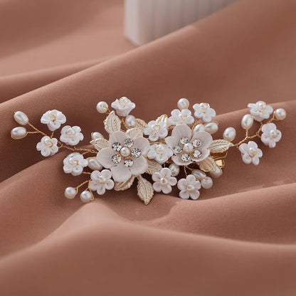 Elegant Bridal Pearl Hairpins Gold Metal Flower Hair Accessories for Women and Girls