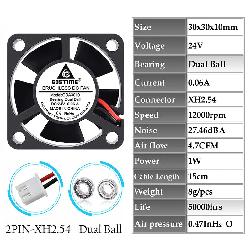 2 Pcs Gdstime DC 24V Fan 30MMx10MM Dual Ball Bearing Cooling Fan 24V Daul Ball 2PIN