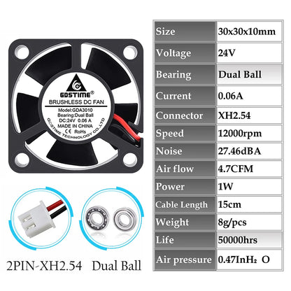 2 Pcs Gdstime DC 24V Fan 30MMx10MM Dual Ball Bearing Cooling Fan 24V Daul Ball 2PIN