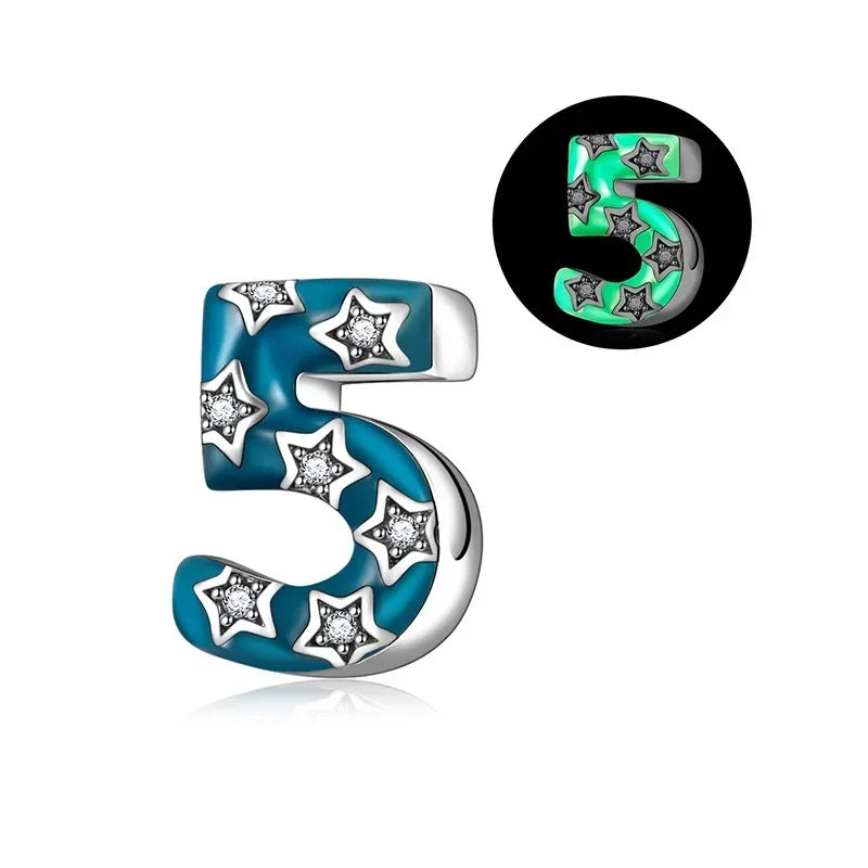 925 Sterling Silver Numeral Noctilucent Zircon Bead Dangle Charm for Bracelet and Necklace Gift