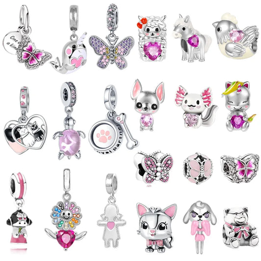 Pink Butterfly Axolotl Dangle Beads For 925 Silver Bracelet