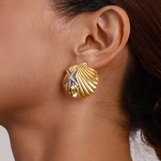Ocean-Inspired Gold Starfish Shell Stud Earrings for Women
