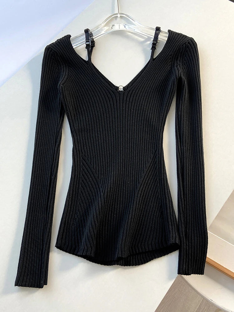 Pink Suspender V Neck Knit Sweater For Women 2025 Slim