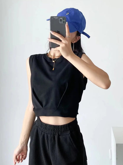 Dozw Women Solid Color Crop Tank Top O Neck Cotton Blend