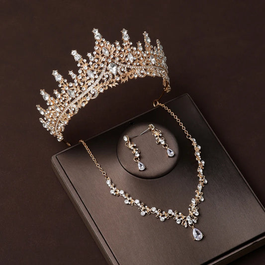 Itacazzo Gold Bridal Headwear Set with Crown, Necklace, and Earrings for Women