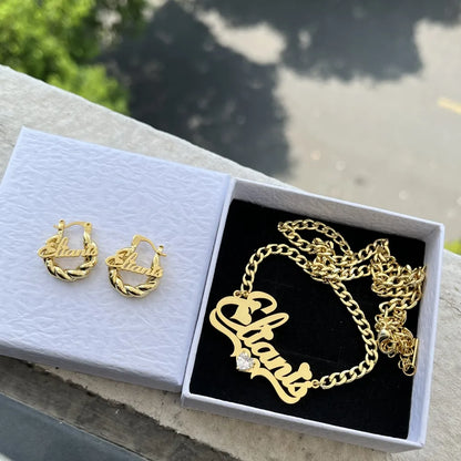 Duoying Personalized Heart Jewelry Set for Children Stainless Steel Nameplate Necklace and Mini Hoop Earrings