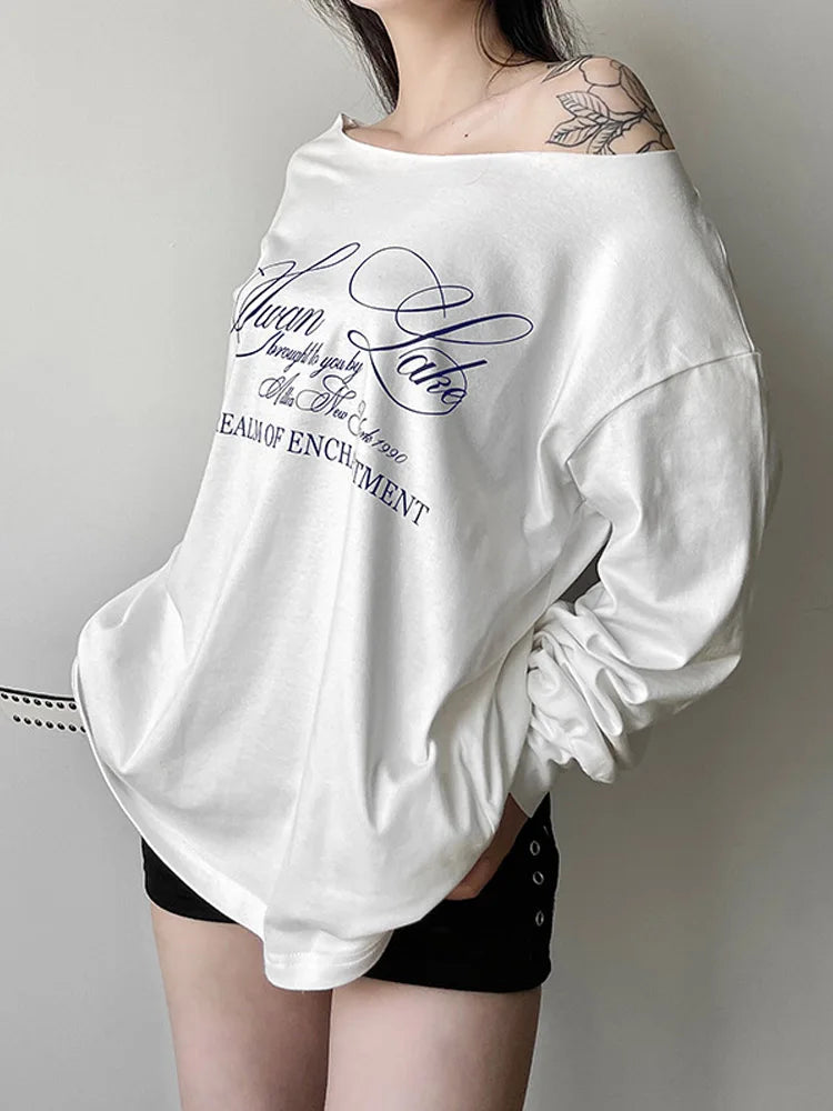 Y2K Aesthetic Off Shoulder Tee Harajuku Grunge Streetwear