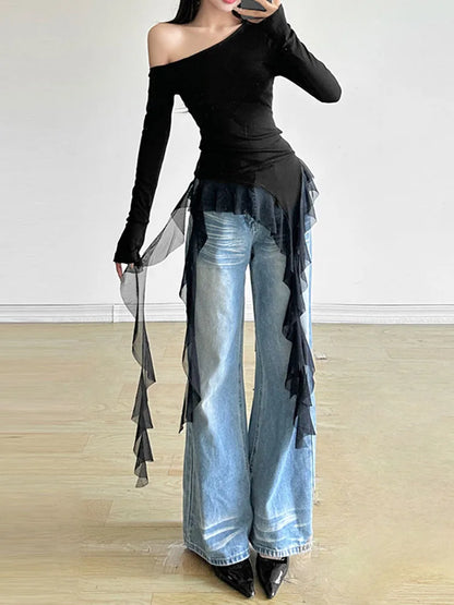 Y2K Aesthetic Gauze Patchwork Top With Skew Collar Harajuku