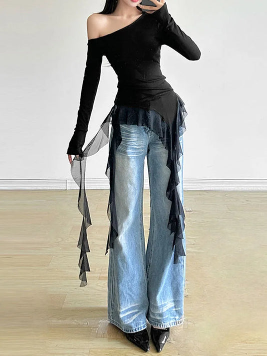 Y2K Aesthetic Gauze Patchwork Top With Skew Collar Harajuku