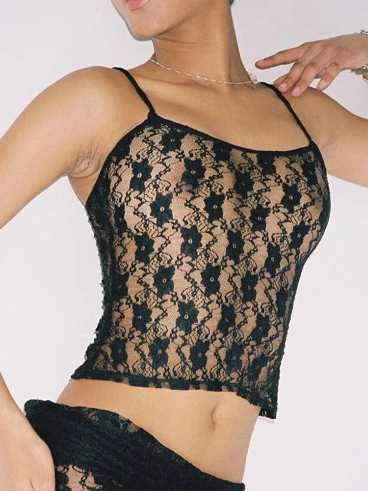Dozw Lace Hollow Crop Top Women Sleeveless Y2K Cami Club