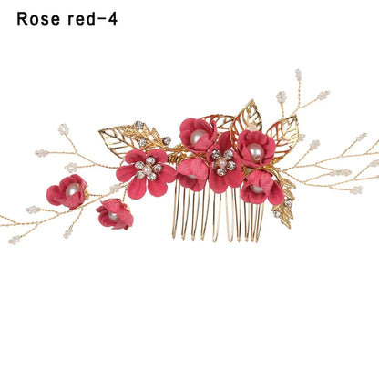 Luxury Crystal Crown Hair Combs - Elegant Bridal Clips with Leaf Design rose red 3
