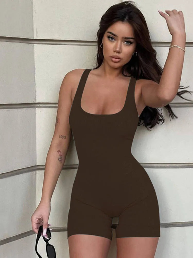 Women Ribbed Sleeveless Playsuit Romper Summer Streetwear