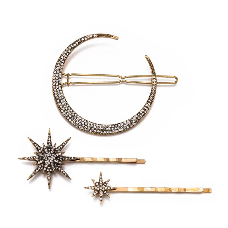 Geometric Stars & Moon Rhinestone Hair Clip Set - Top-Rated Bridal Hairpins for Women