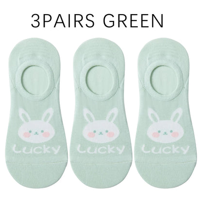 Kawaii Rabbit No Show Socks For Women 3 Pairs Cotton
