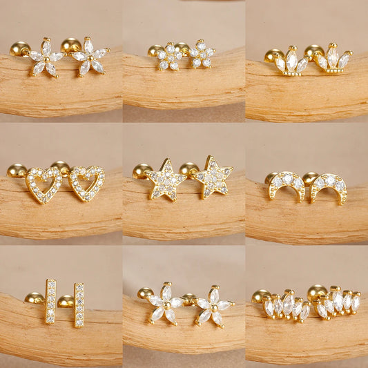 2Pcs Helix Ear Piercing Stud Earrings for Women Zircon Heart Star Moon Tragus Accessories Jewelry Gift
