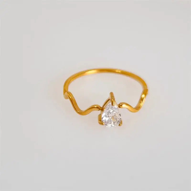 316L Stainless Steel Teardrop Zirconia Ring for Women with 18K Rose Gold Plating 3891